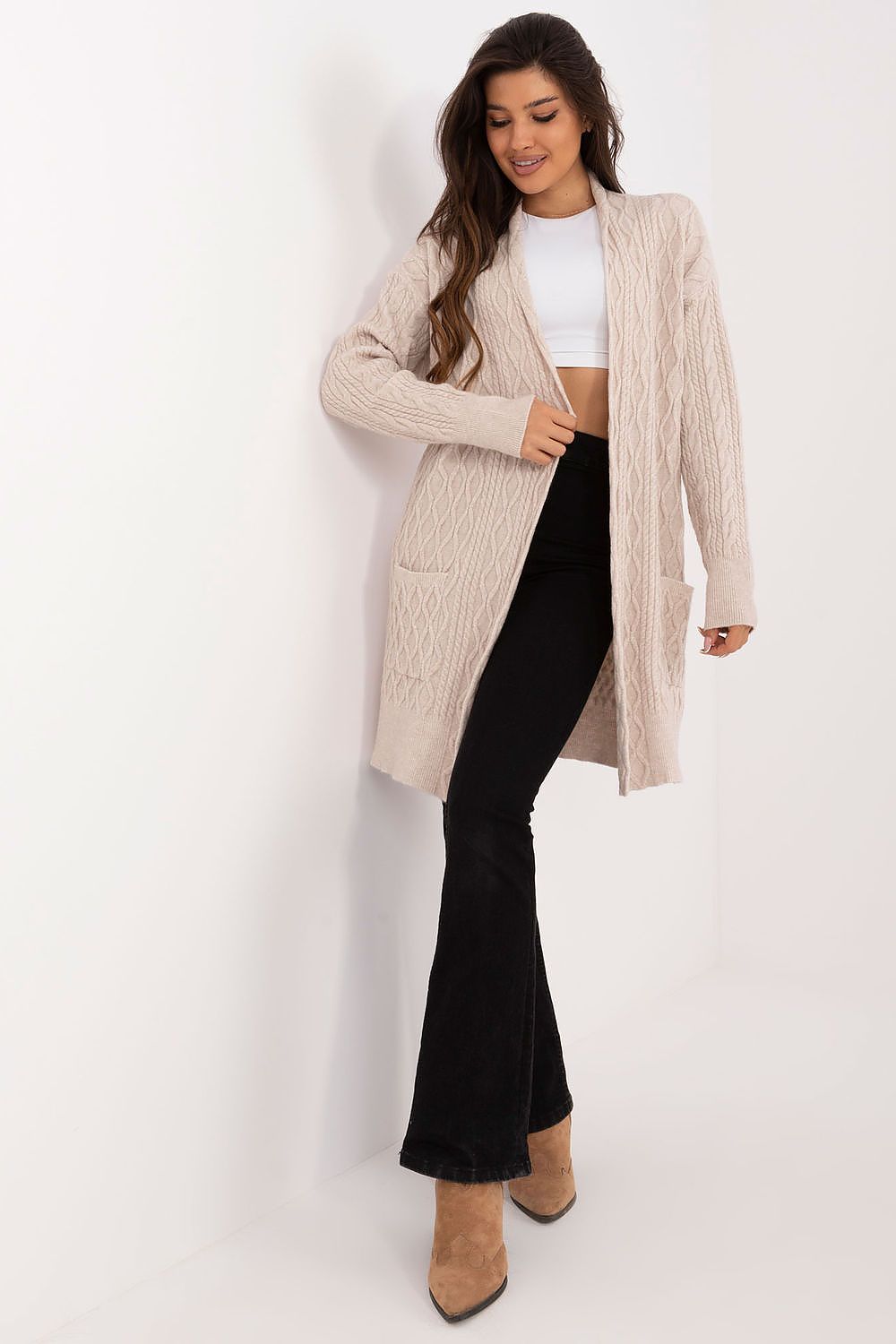 Elegant Long Unbuttoned Cardigan With Pockets - Soft Acrylic, Polyester, Polyamide Blend