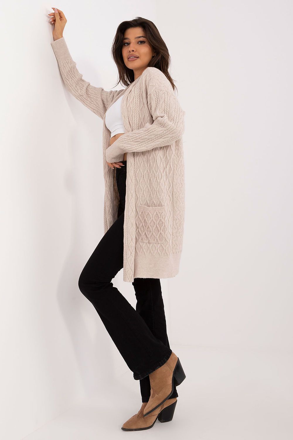 Elegant Long Unbuttoned Cardigan With Pockets - Soft Acrylic, Polyester, Polyamide Blend