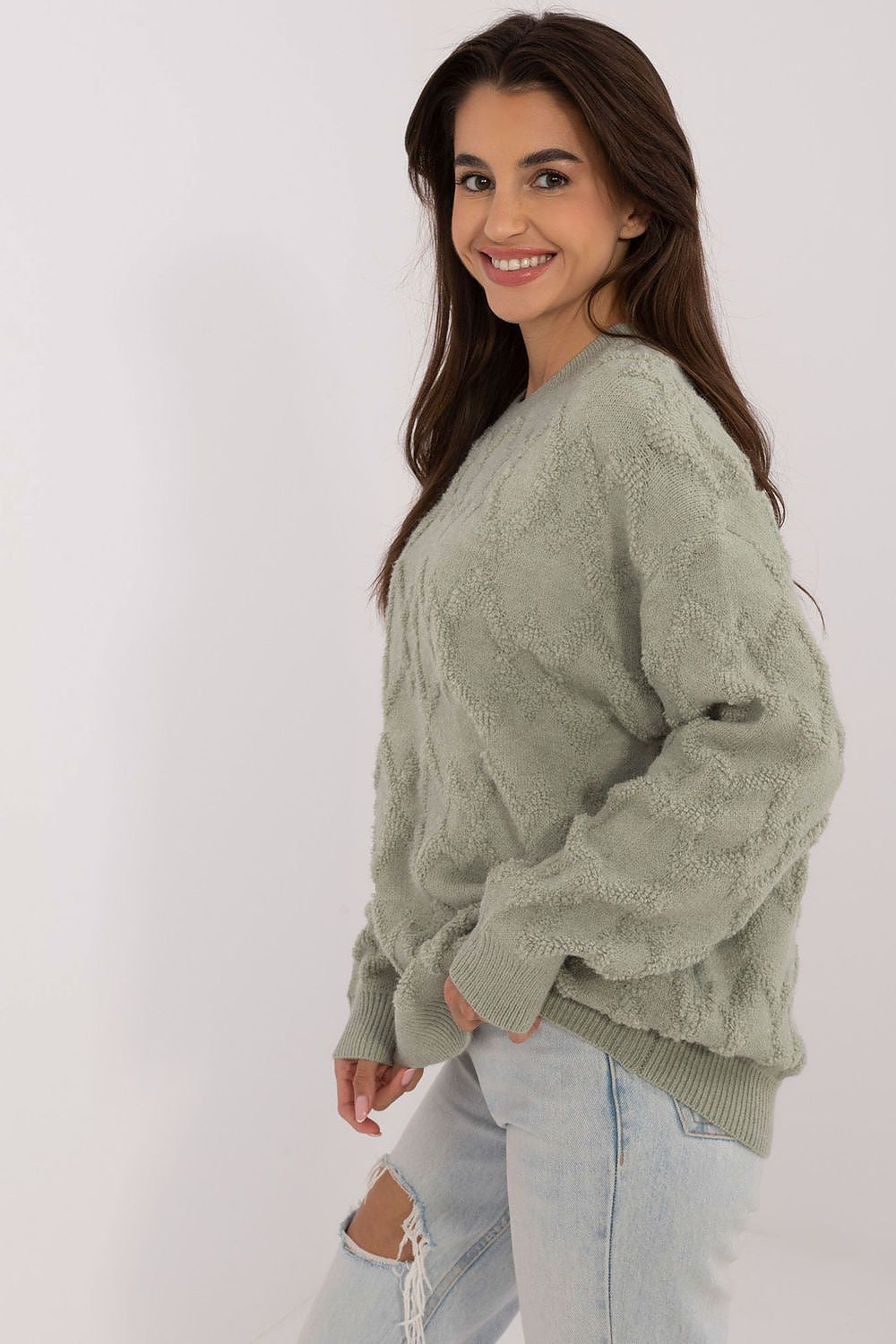 Elegant Women's Casual Knit Jumper With Varied Textures, Long Sleeves & Round Neckline - Size EU 0