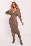 Elegant Striped Knit Sweater Dress with Wrap Top and Waist Tie - Mid-Calf Length