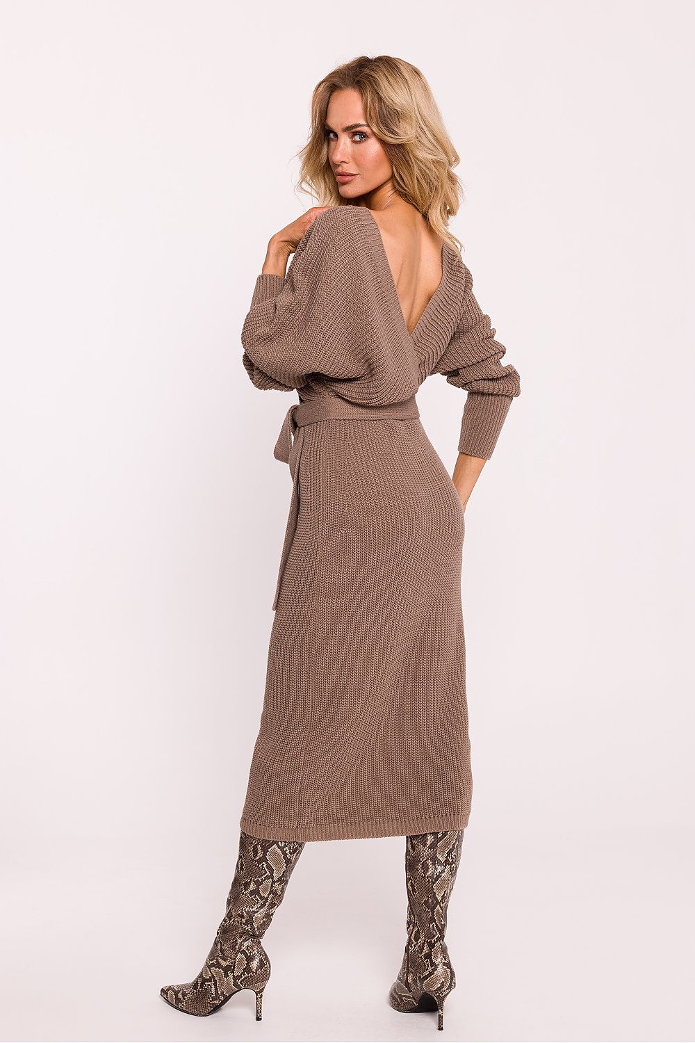 Elegant Striped Knit Sweater Dress with Wrap Top and Waist Tie - Mid-Calf Length