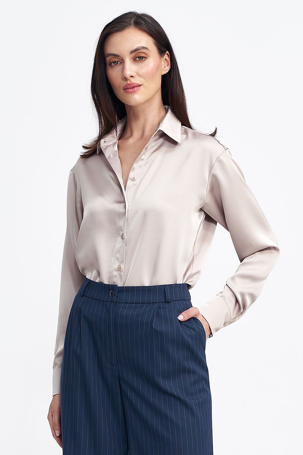 Elegant satin-like shapewear body with classic collar and...