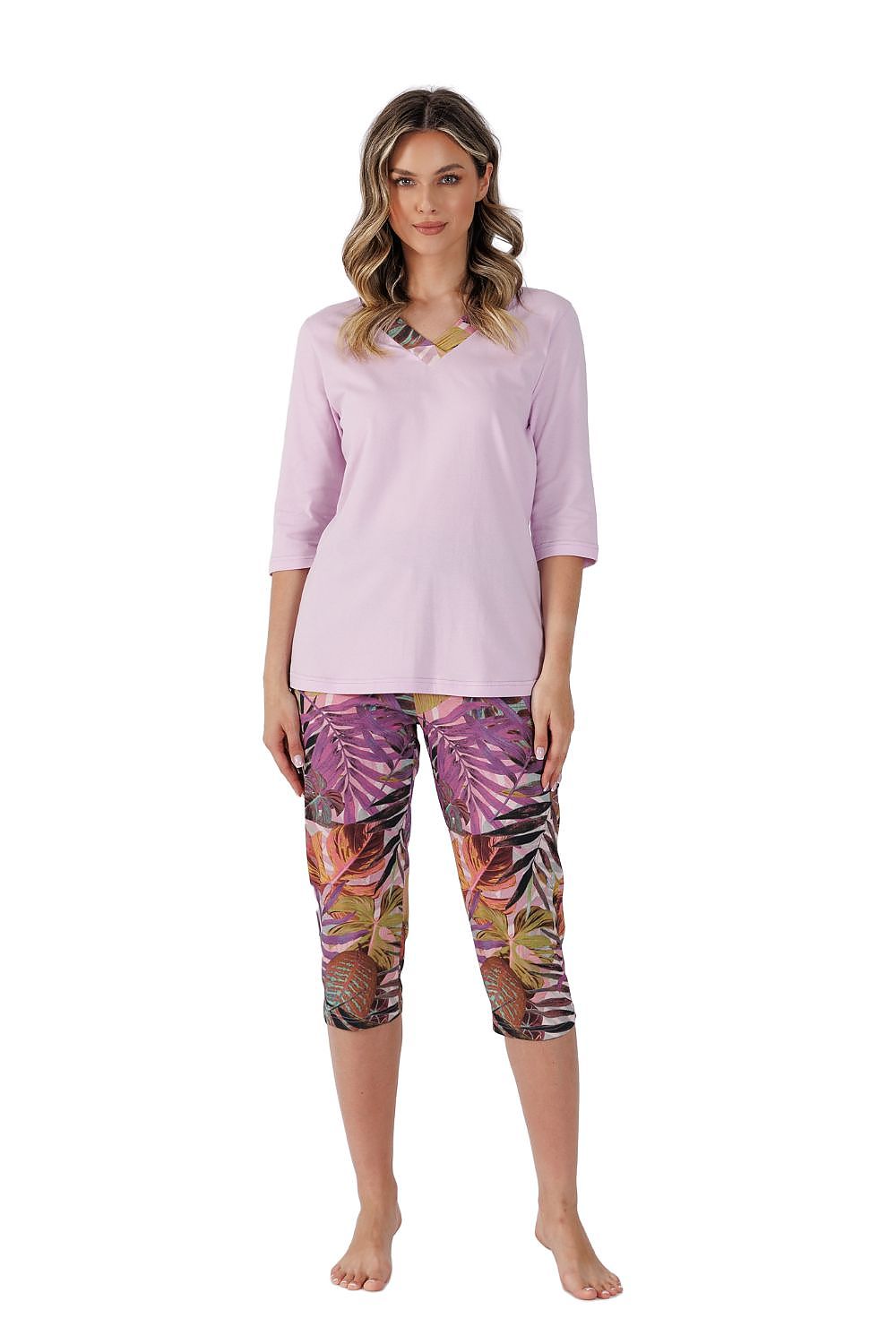 Elegant Women's Cotton Pyjamas Set with 3/4 Sleeve Blouse and Printed Pants by M-Max