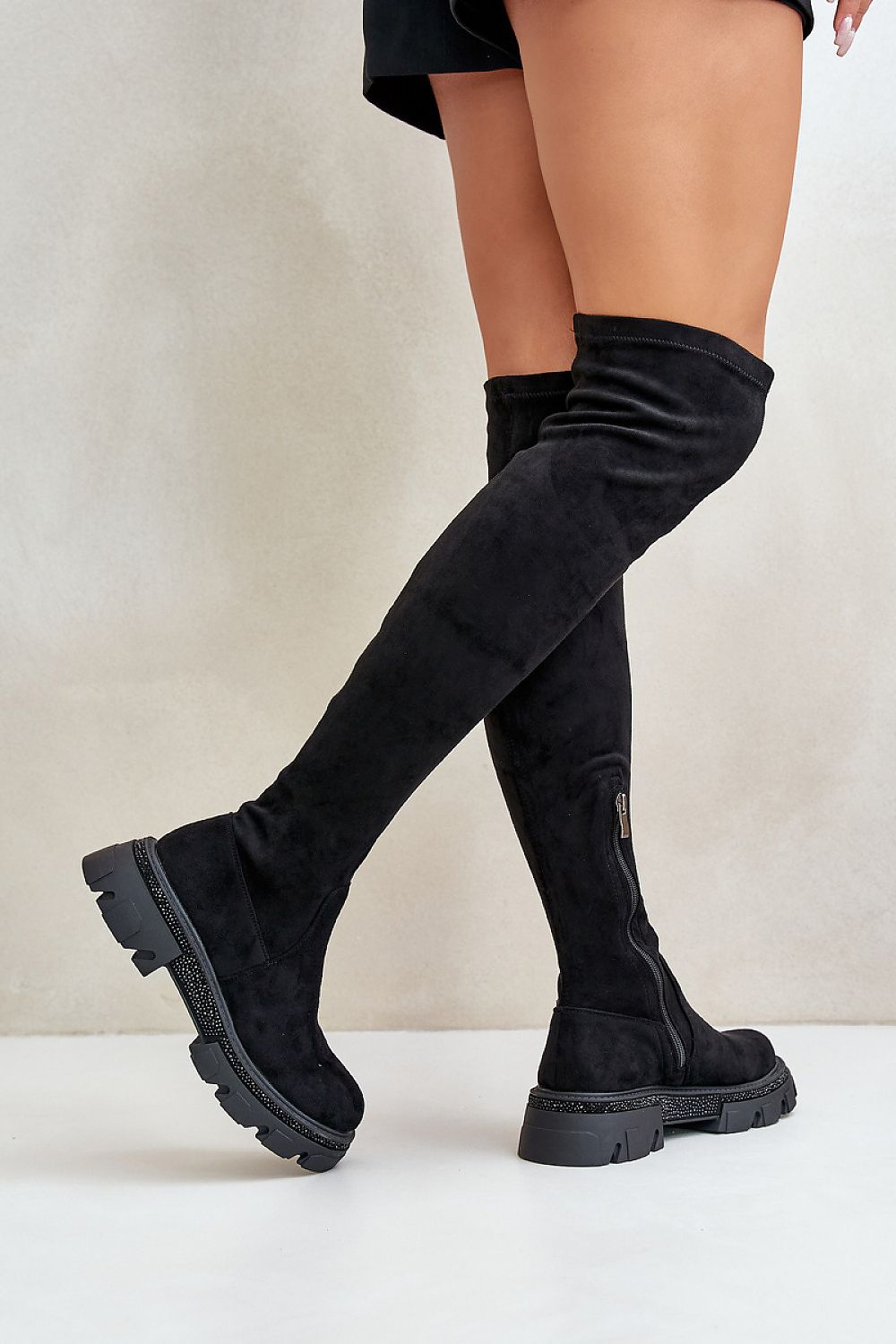 Elegant Women's Thigh-High Eco-Suede Boots with Low Heel and Zip Closure - Perfect for Skirts & Dresses