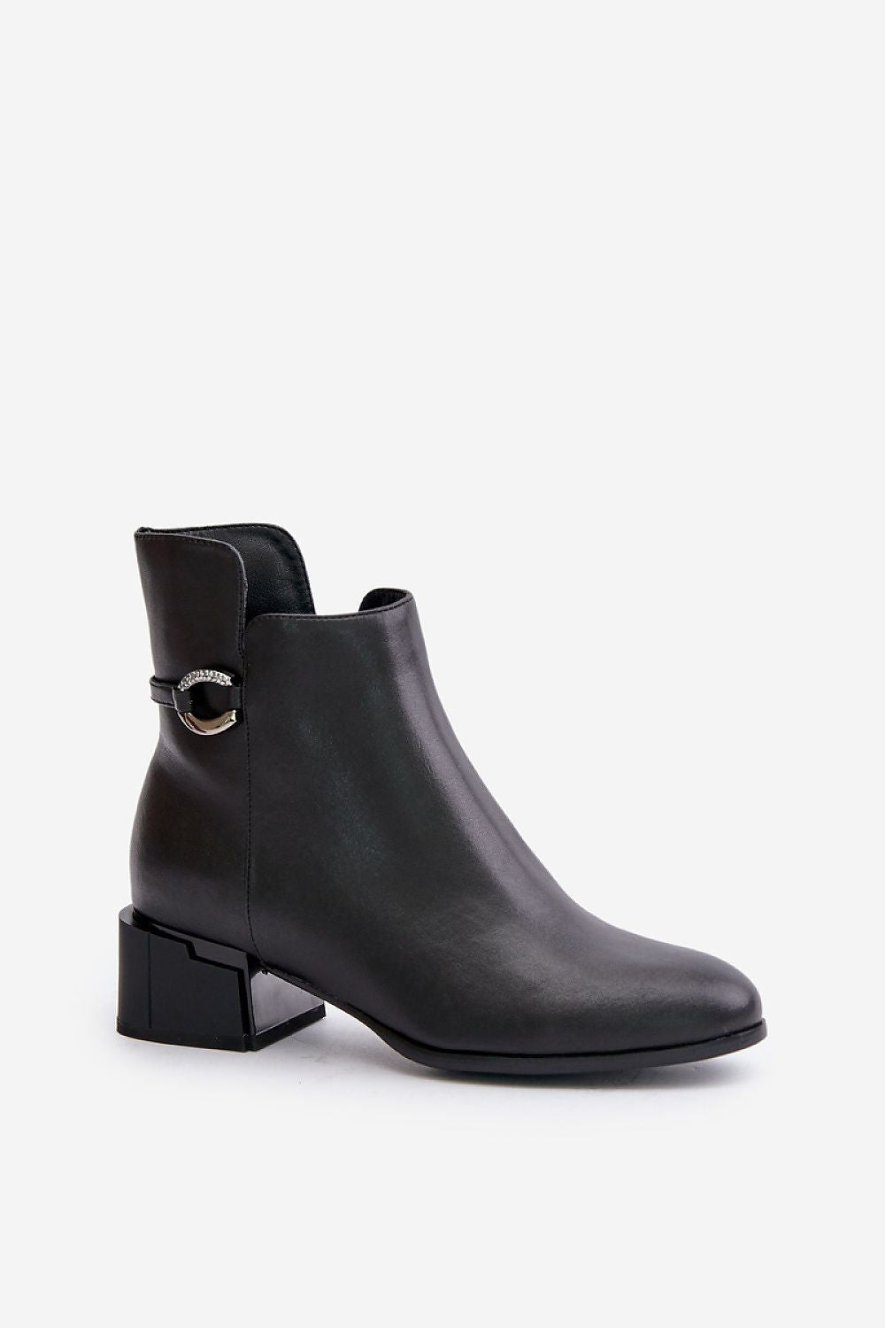 Elegant Natural Leather Ankle Boots With Zip Closure And Decorative Strap, 7Cm Heel