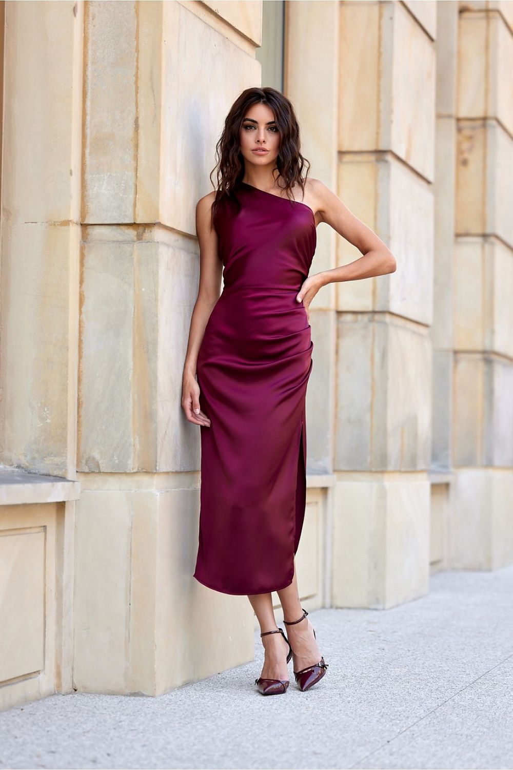 Elegant One-Shoulder Midi Dress with Satin Fabric and Subtle Slit by Roco Fashion