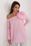 Elegant Lakerta Blouse with Decorative Fabric Flower Brooch and Asymmetrical Neckline