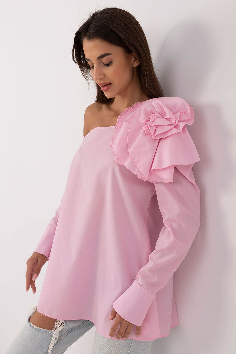Elegant Lakerta Blouse with Decorative Fabric Flower Brooch and Asymmetrical Neckline