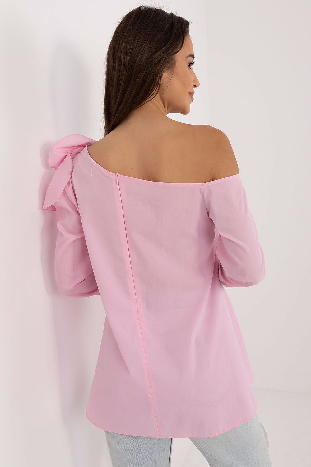 Elegant Lakerta Blouse with Decorative Fabric Flower Brooch and Asymmetrical Neckline
