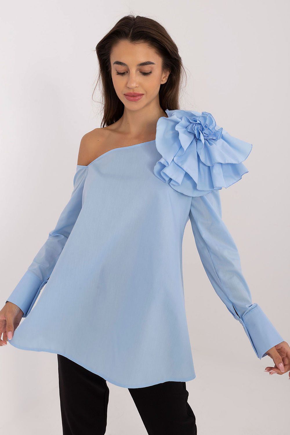 Elegant Lakerta Blouse with Decorative Fabric Flower Brooch and Asymmetrical Neckline
