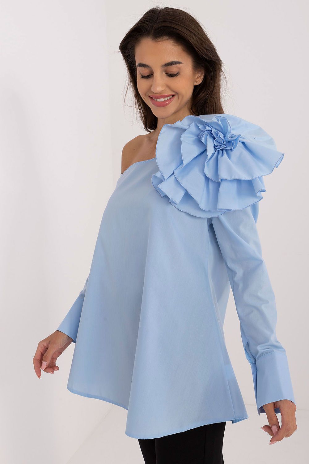 Elegant Lakerta Blouse with Decorative Fabric Flower Brooch and Asymmetrical Neckline