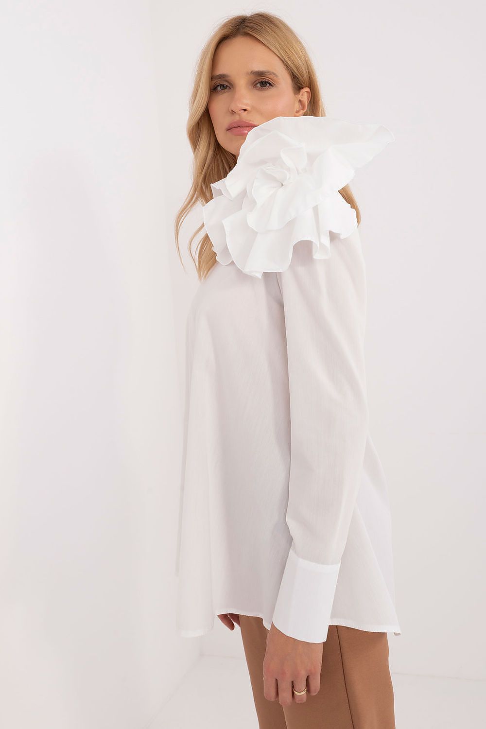 Elegant Lakerta Blouse with Decorative Fabric Flower Brooch and Asymmetrical Neckline