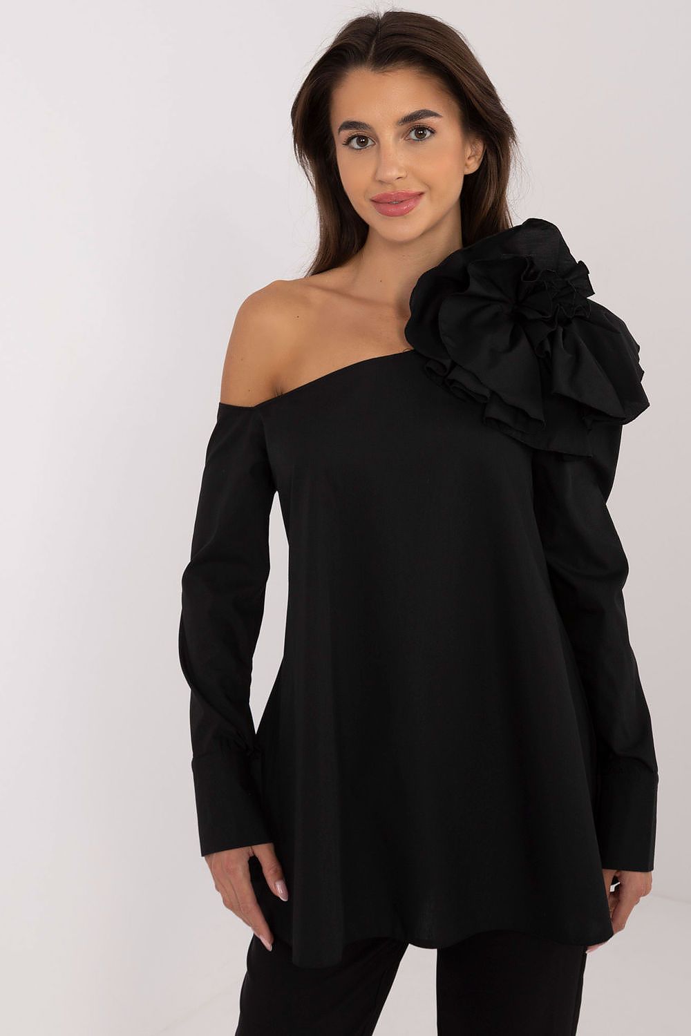 Elegant Lakerta Blouse with Decorative Fabric Flower Brooch and Asymmetrical Neckline