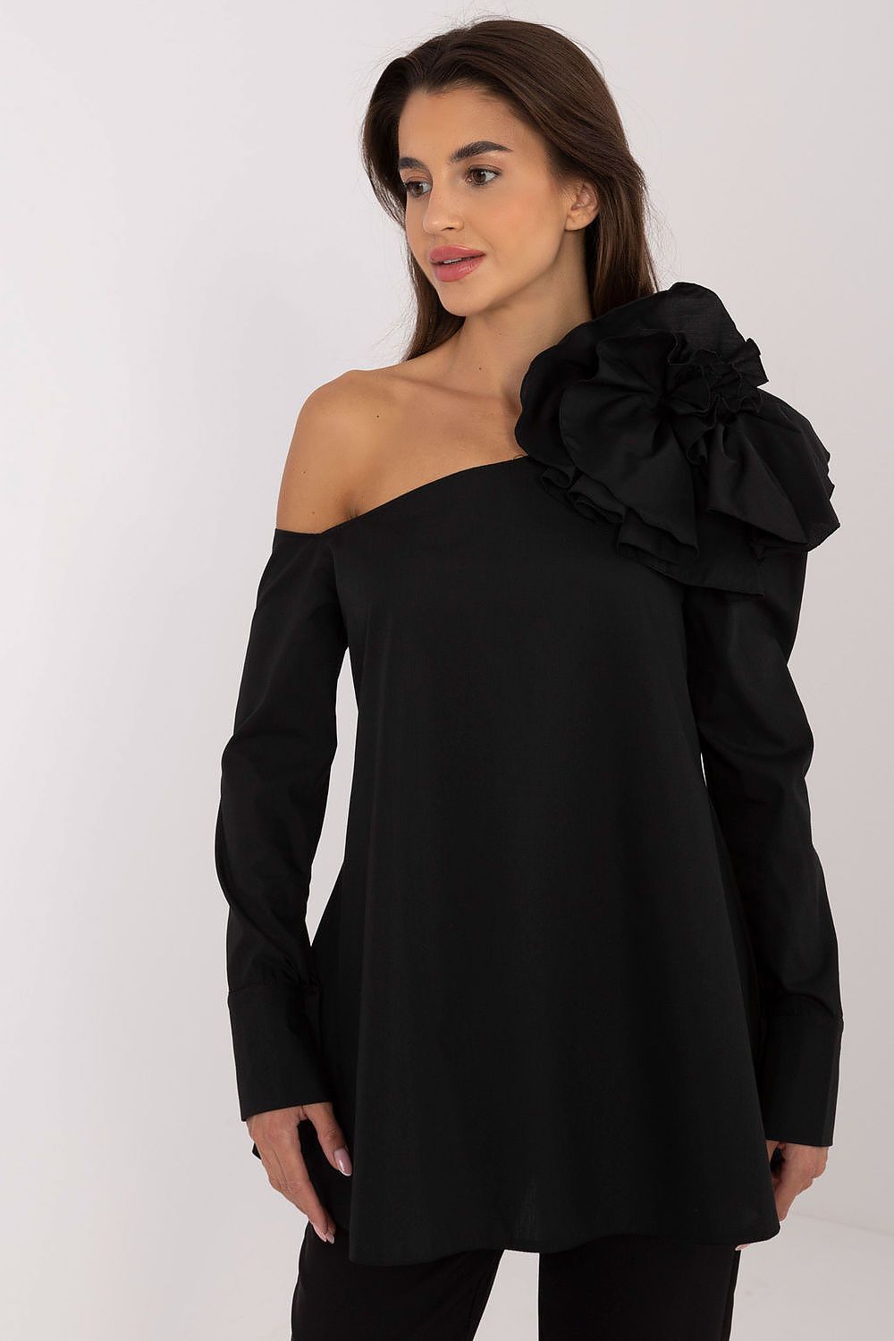 Elegant Lakerta Blouse with Decorative Fabric Flower Brooch and Asymmetrical Neckline
