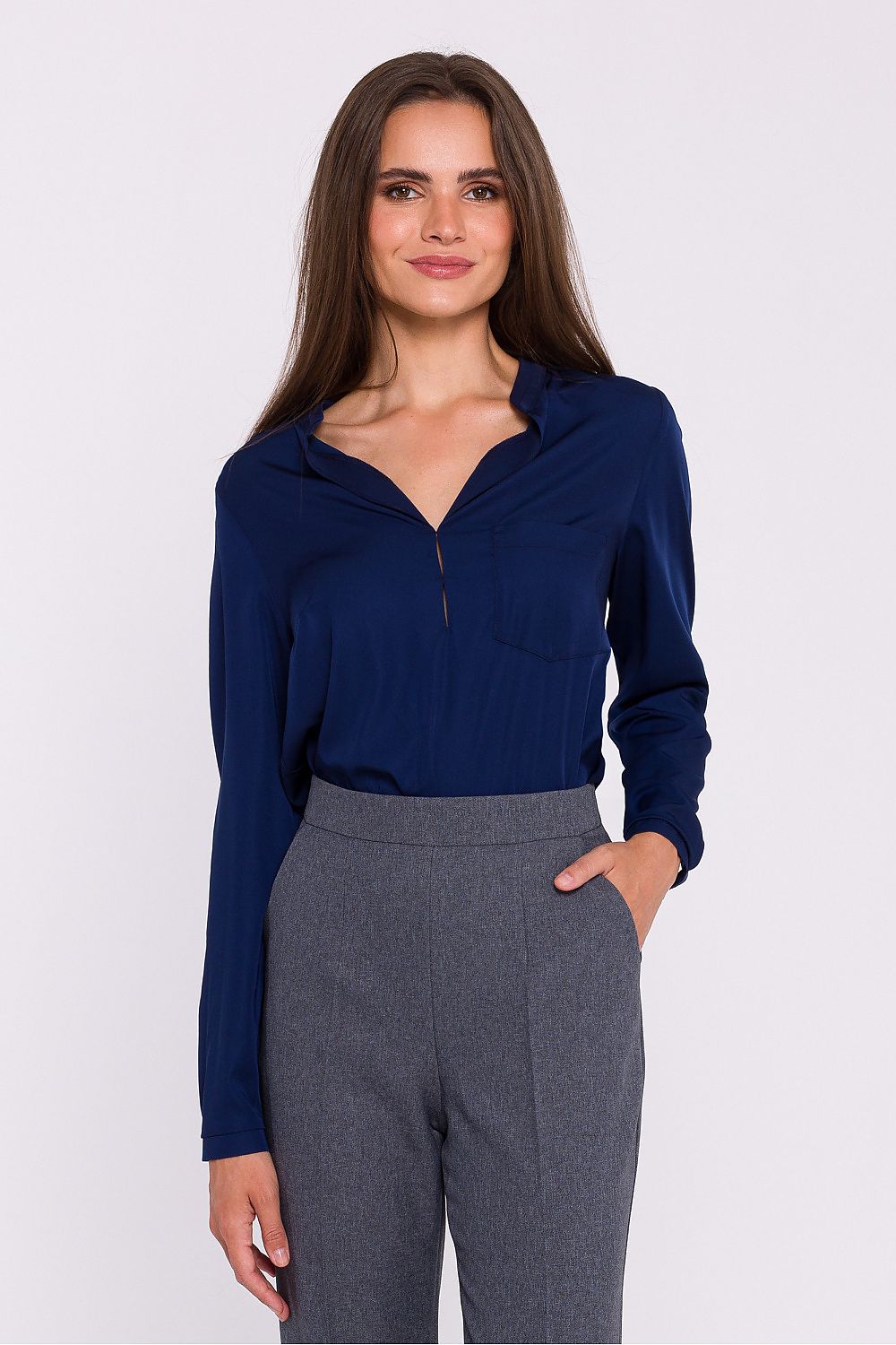 Stylove Elegant Satin Blouse with Stand-Up Collar and Decorative Stitching - Chic Casual Style