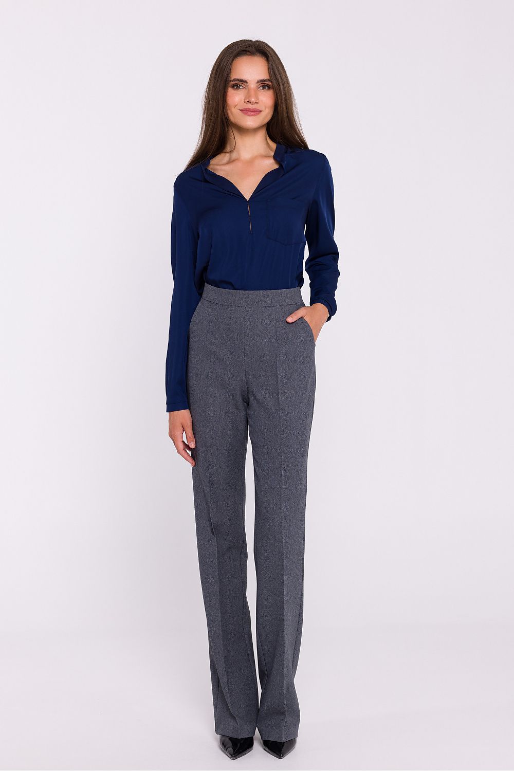 Stylove Elegant Satin Blouse with Stand-Up Collar and Decorative Stitching - Chic Casual Style