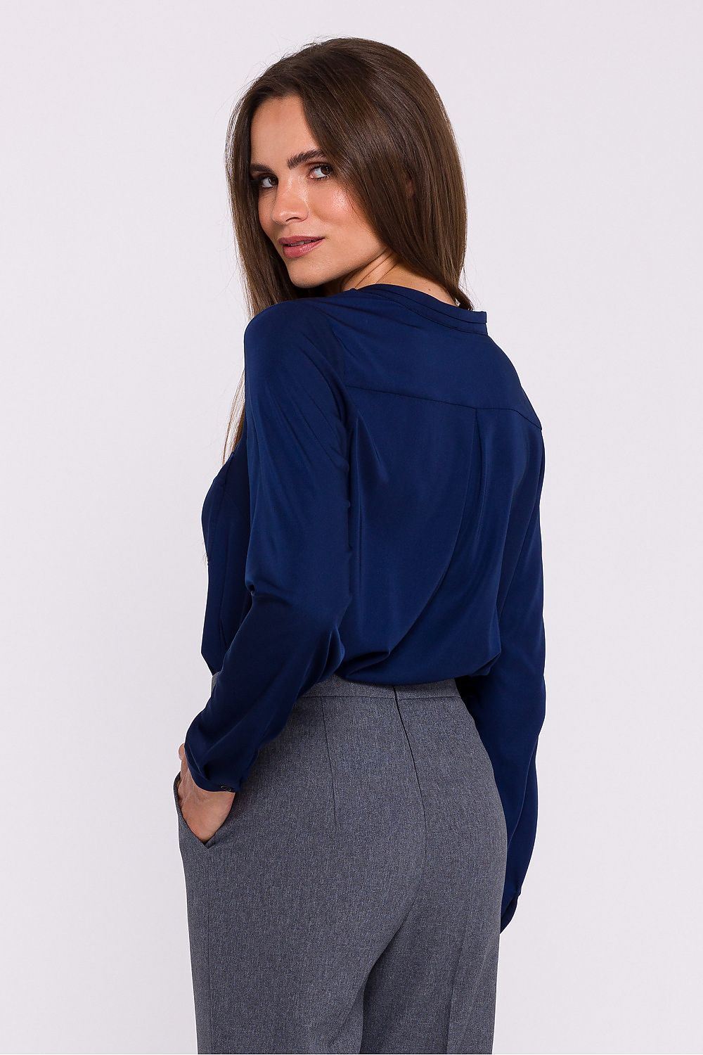 Stylove Elegant Satin Blouse with Stand-Up Collar and Decorative Stitching - Chic Casual Style