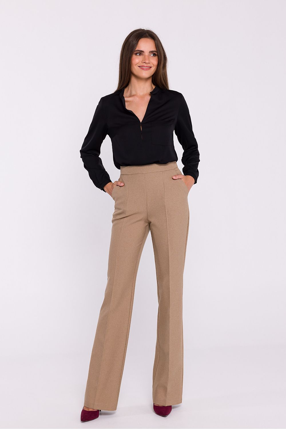 Stylove Elegant Satin Blouse with Stand-Up Collar and Decorative Stitching - Chic Casual Style