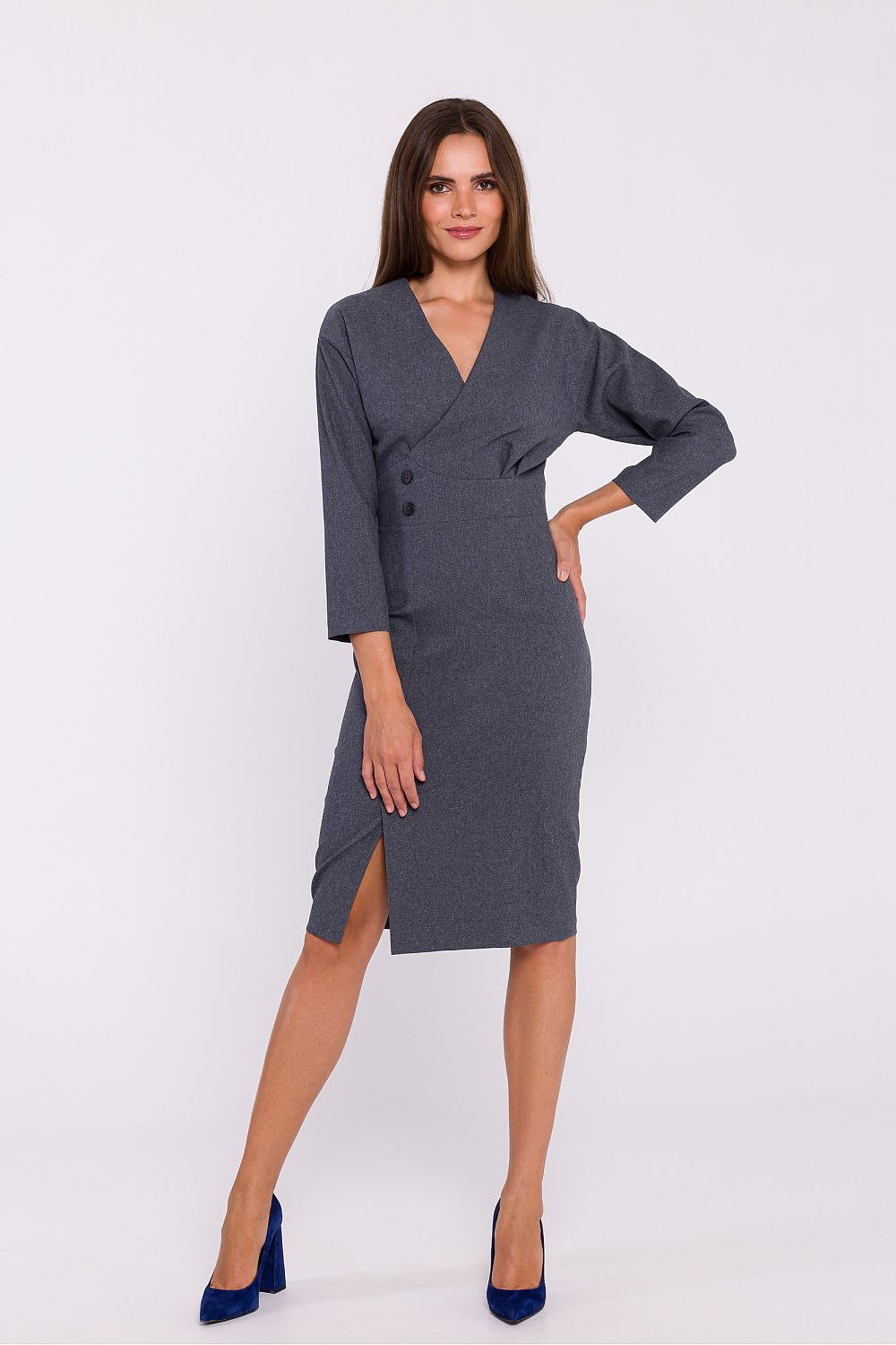 Stylove Elegant Pencil Cut Day Dress with Envelope Neckline and Decorative Buttons