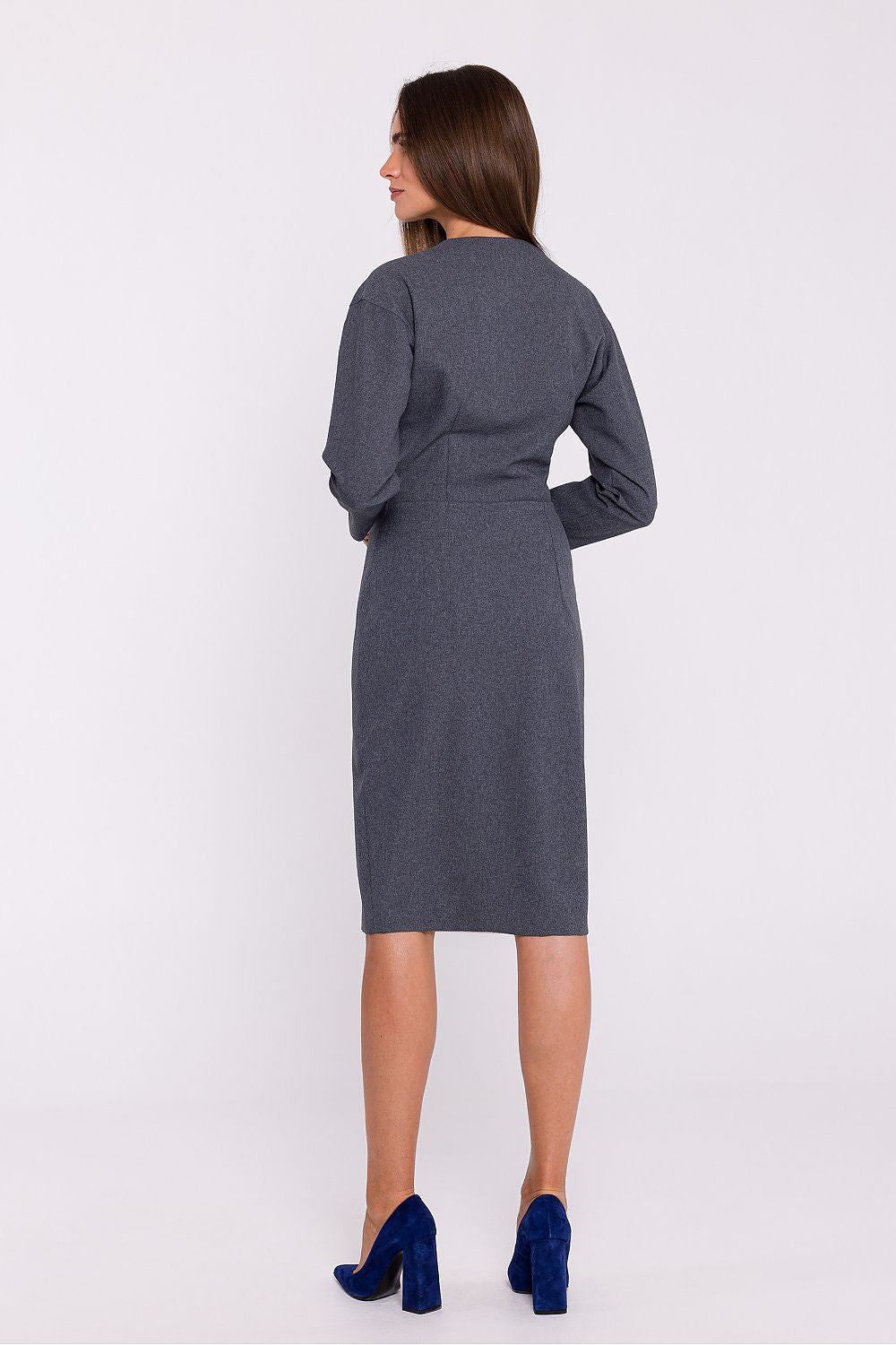 Stylove Elegant Pencil Cut Day Dress with Envelope Neckline and Decorative Buttons