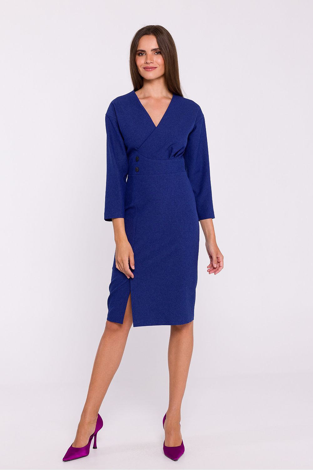 Stylove Elegant Pencil Cut Day Dress with Envelope Neckline and Decorative Buttons