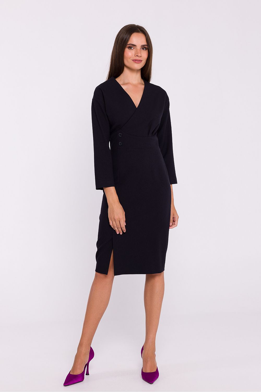 Stylove Elegant Pencil Cut Day Dress with Envelope Neckline and Decorative Buttons