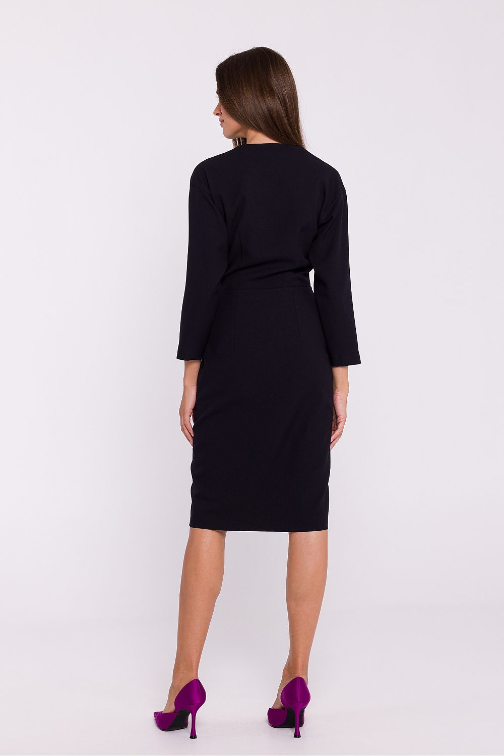 Stylove Elegant Pencil Cut Day Dress with Envelope Neckline and Decorative Buttons
