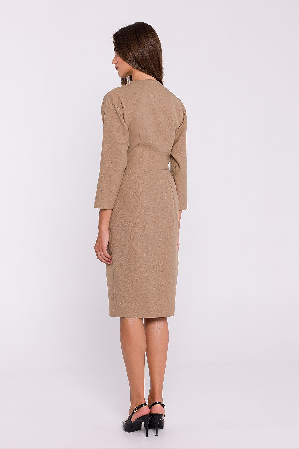 Stylove Elegant Pencil Cut Day Dress with Envelope Neckline and Decorative Buttons