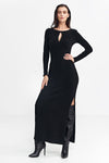 Elegant Fitted Fit-and-Flare Maxi Dress with Side Slit and Long Sleeves - Nife