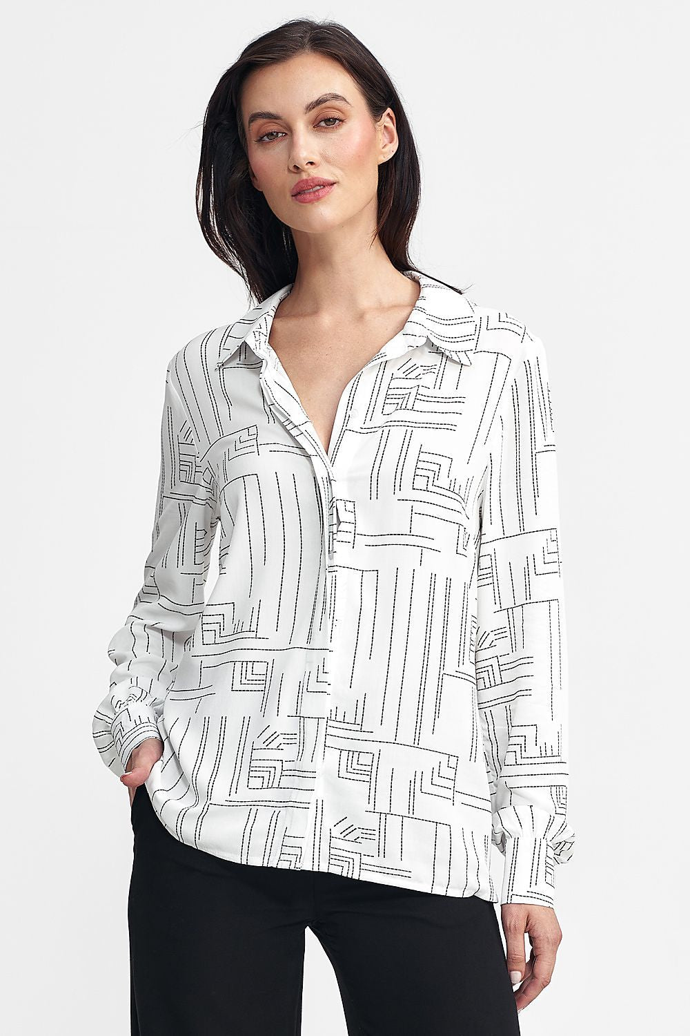 Nife Women's Regular-Fit Long Sleeve Shirt in High-Quality Viscose with Minimalist Geometric Pattern