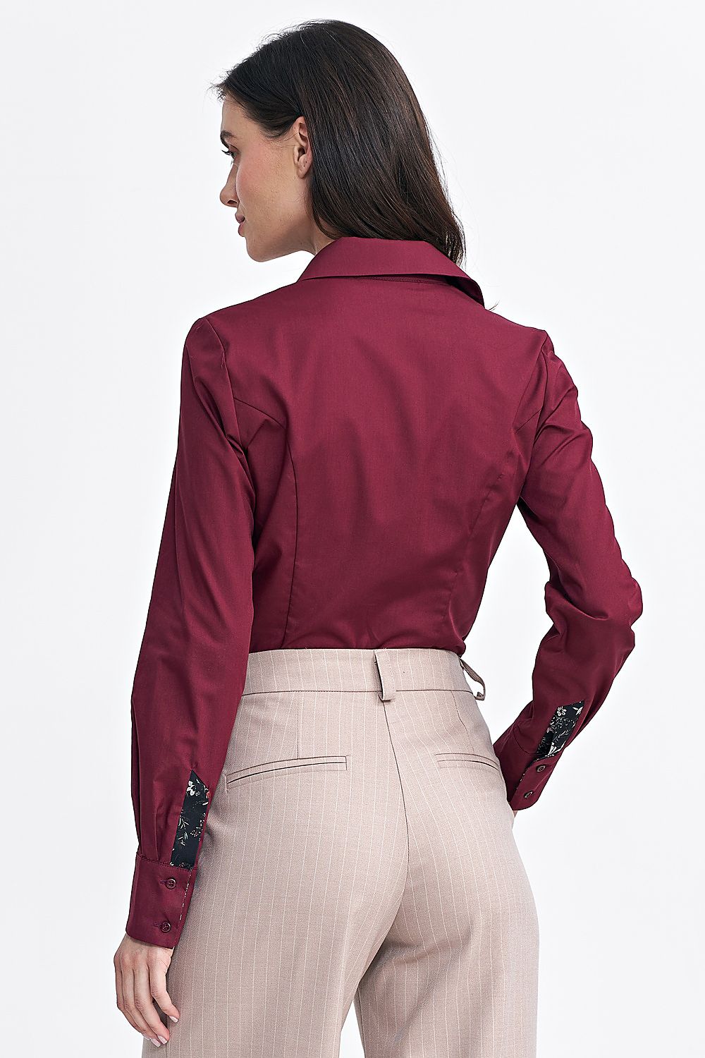 Nife Women's Long Sleeve Slim-Fit Shirt With Classic Collar & Floral Inserts