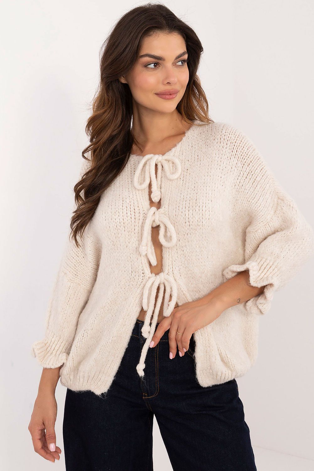 Elegant Women's Casual Cardigan Sweater with Three-Tie Binding and 3/4 Sleeves by Italy Moda