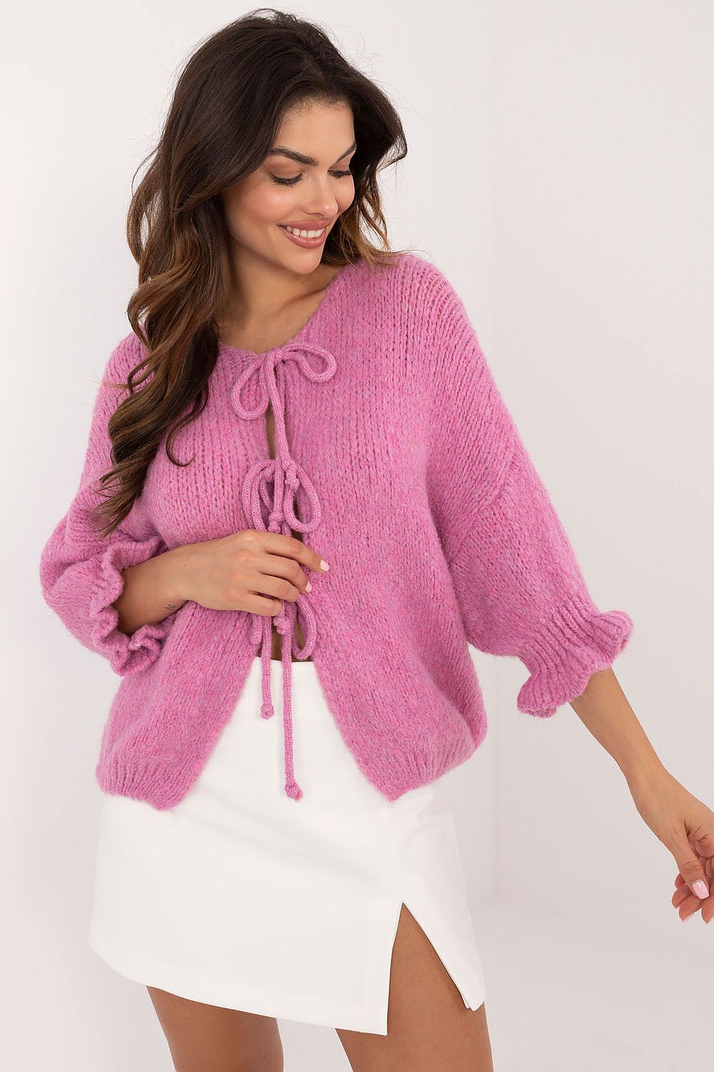 Elegant Women's Casual Cardigan Sweater with Three-Tie Binding and 3/4 Sleeves by Italy Moda