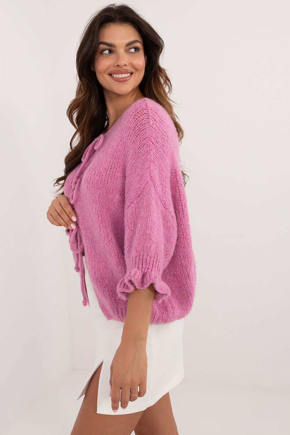 Elegant Women's Casual Cardigan Sweater with Three-Tie Binding and 3/4 Sleeves by Italy Moda