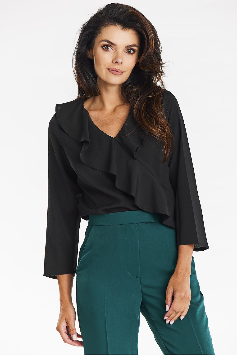 Elegant Awama Blouse with V Neckline and Ruffles – Chic 3/4 Sleeve Design for Formal Wear