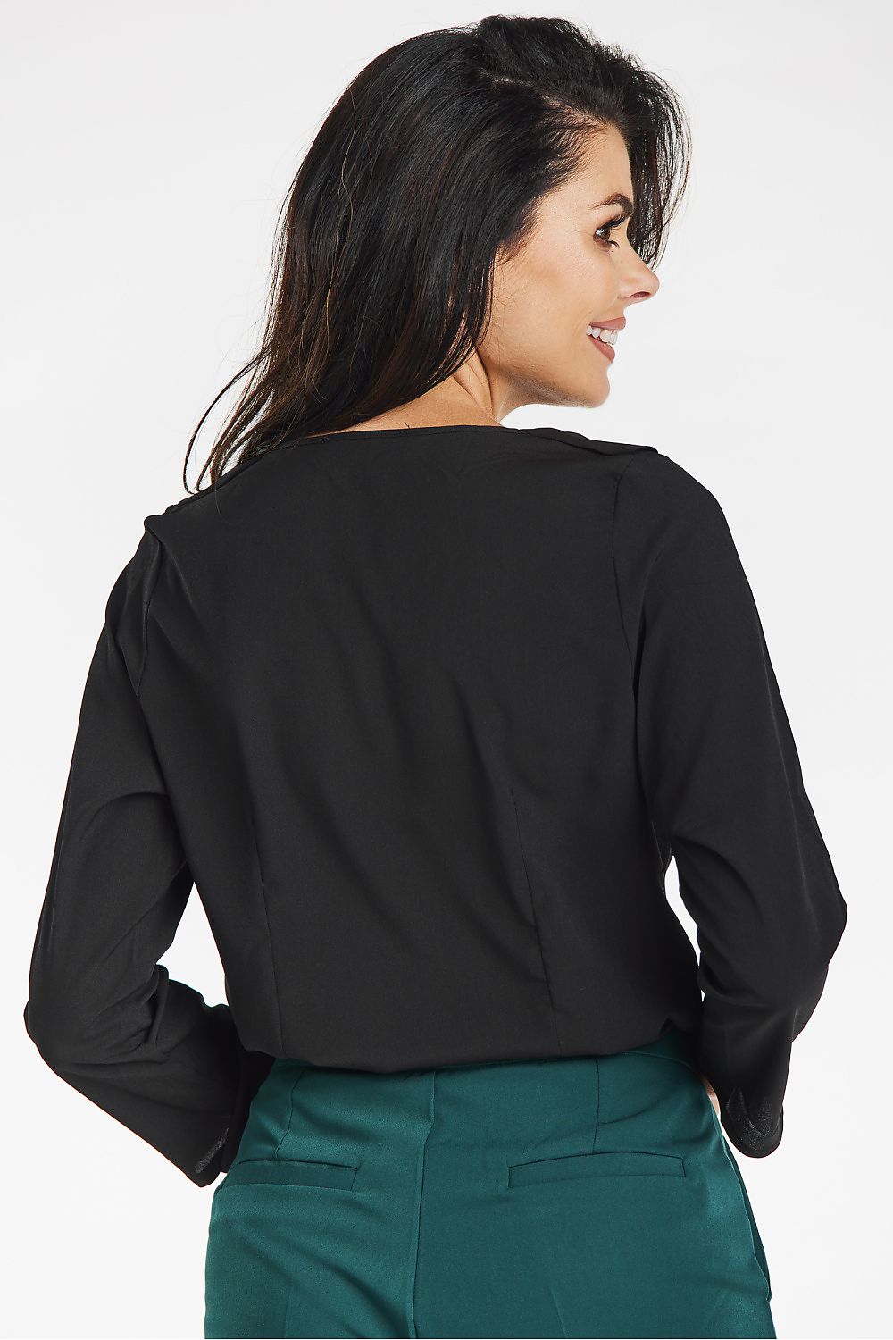 Elegant Awama Blouse with V Neckline and Ruffles – Chic 3/4 Sleeve Design for Formal Wear