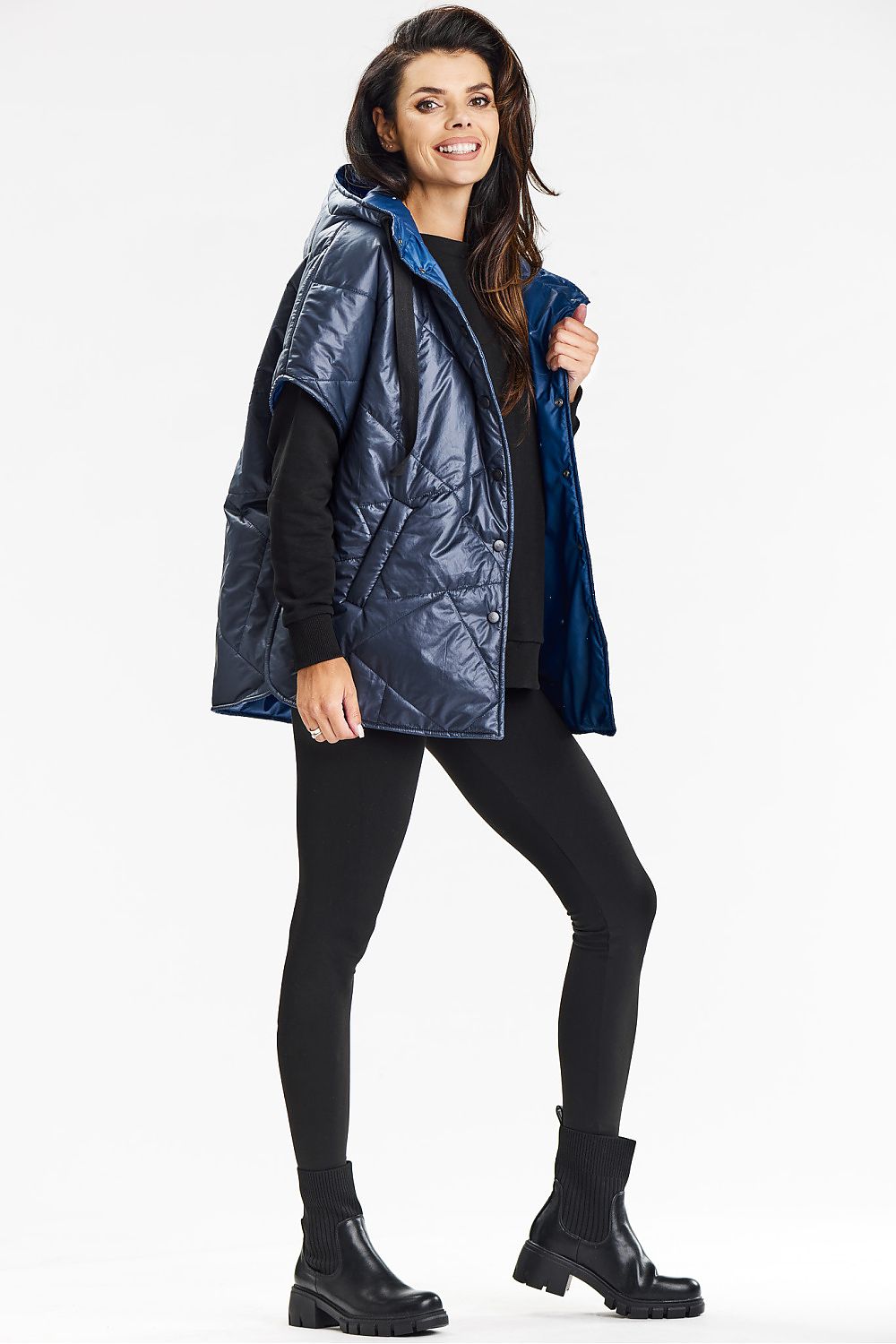 Elegant Hooded Kimono Vest With Press Studs - Comfortable Polyester Gilet by Awama