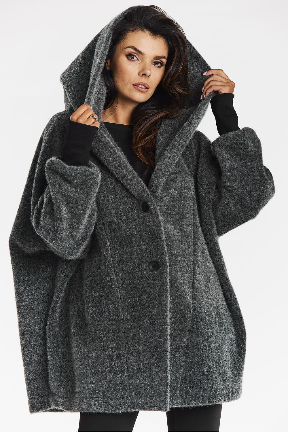 Elegant Black Hooded Kimono Coat by Awama - Soft Teddy Knit for Autumn Comfort