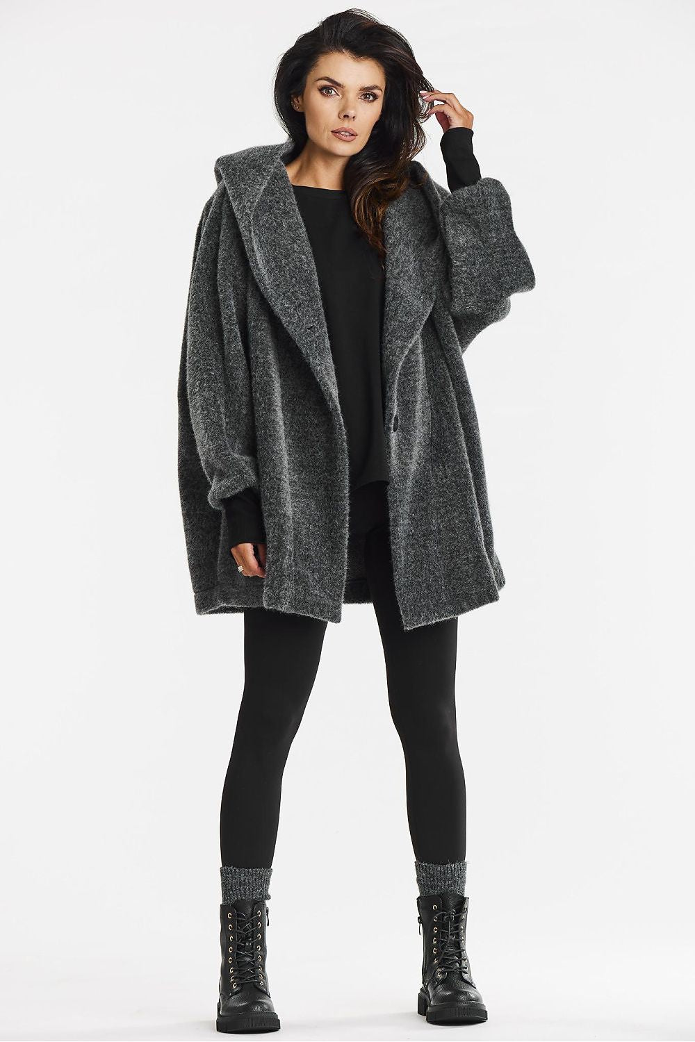 Elegant Black Hooded Kimono Coat by Awama - Soft Teddy Knit for Autumn Comfort