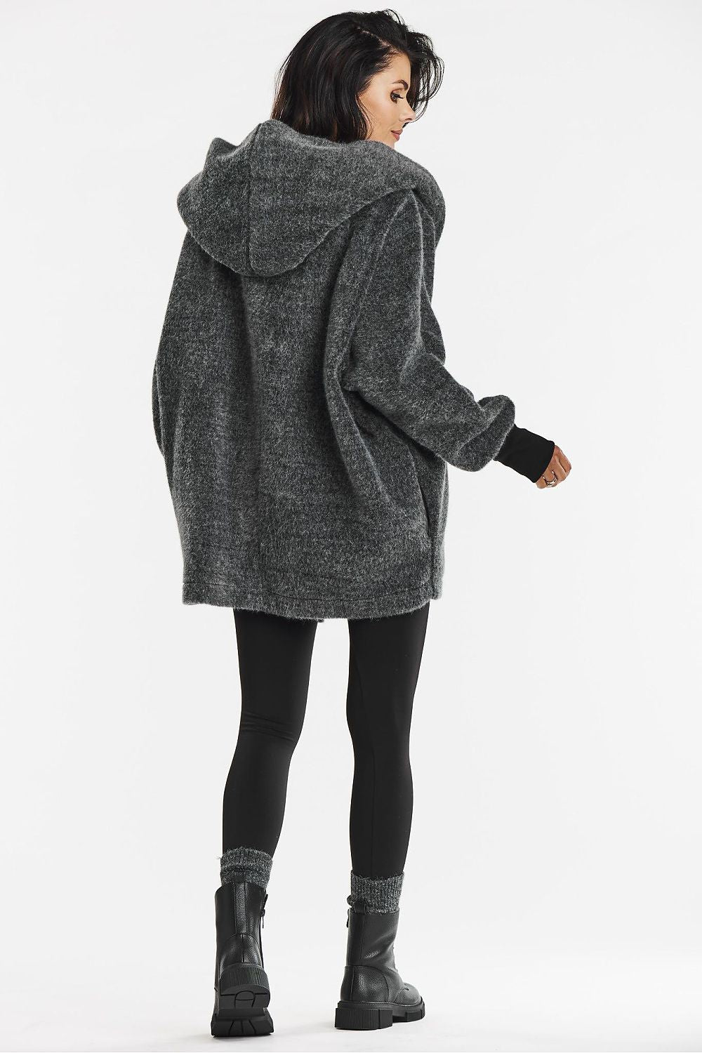 Elegant Black Hooded Kimono Coat by Awama - Soft Teddy Knit for Autumn Comfort