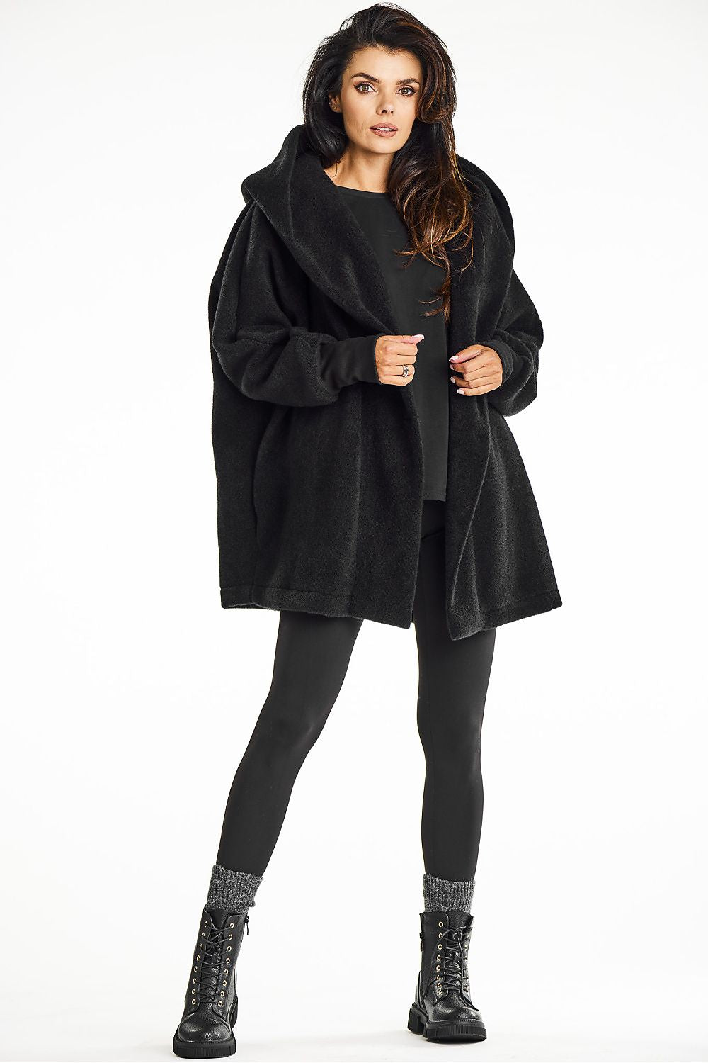 Elegant Black Hooded Kimono Coat by Awama - Soft Teddy Knit for Autumn Comfort