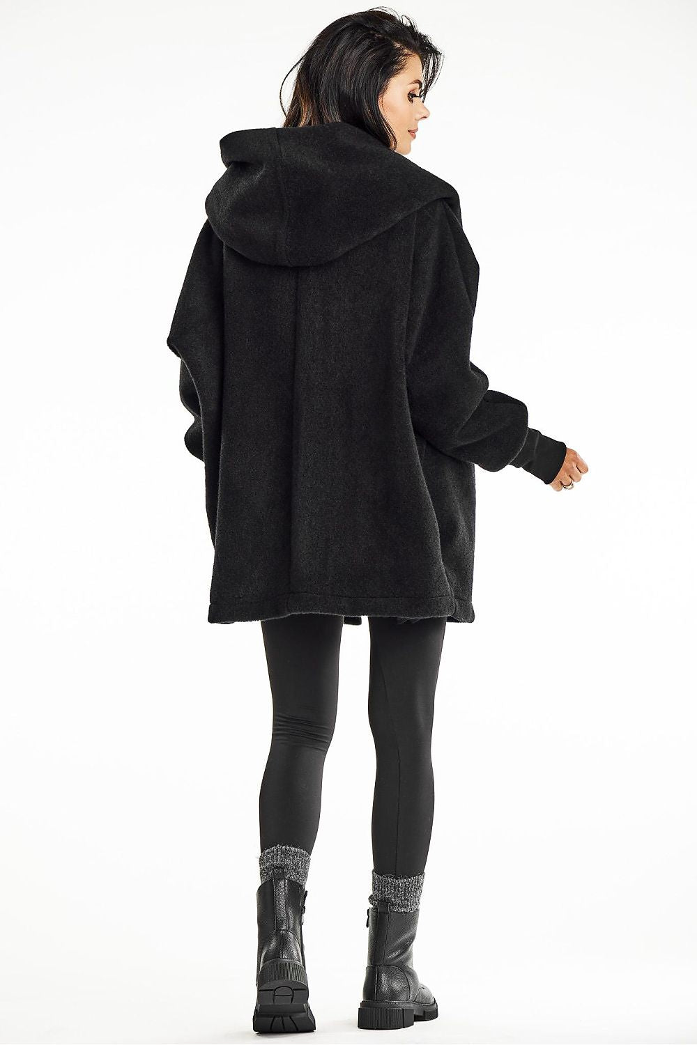 Elegant Black Hooded Kimono Coat by Awama - Soft Teddy Knit for Autumn Comfort