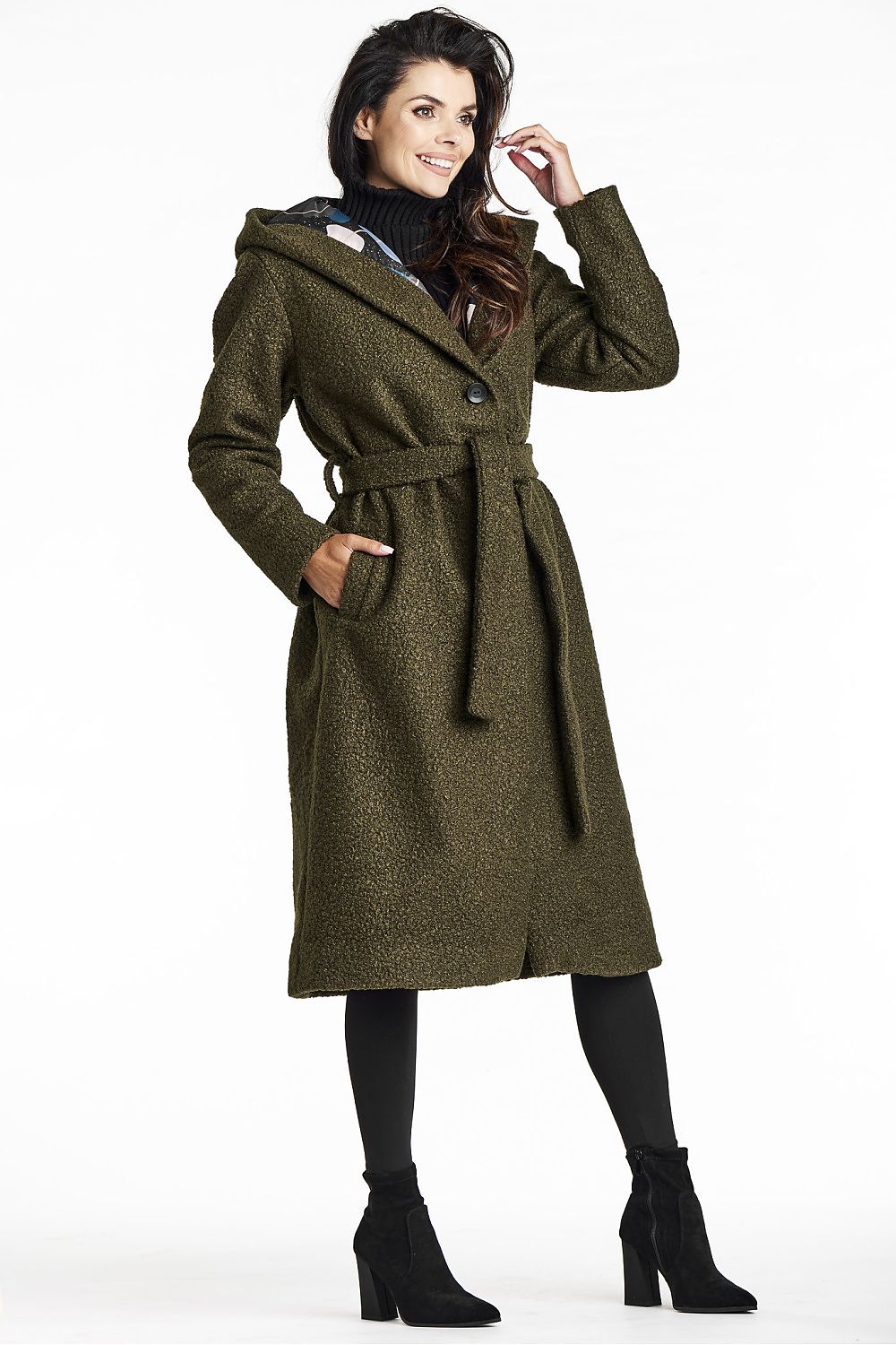 Elegant Green Bouclé Coat with Shawl Collar, Hood, and Waist Belt by Awama - Perfect for Autumn