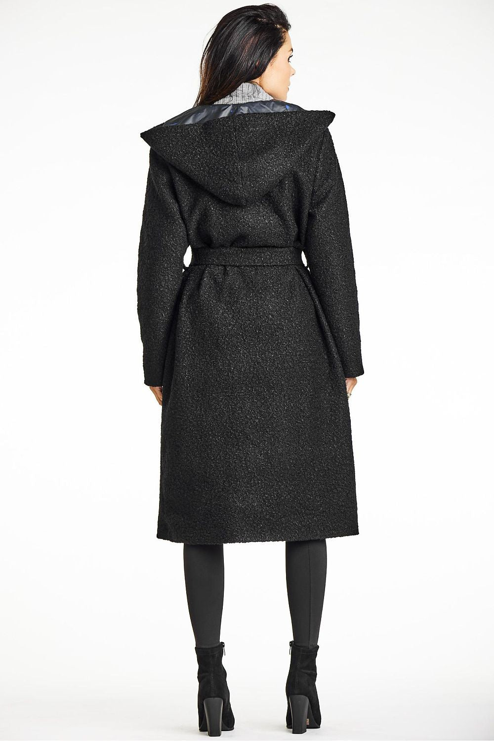 Elegant Green Bouclé Coat with Shawl Collar, Hood, and Waist Belt by Awama - Perfect for Autumn