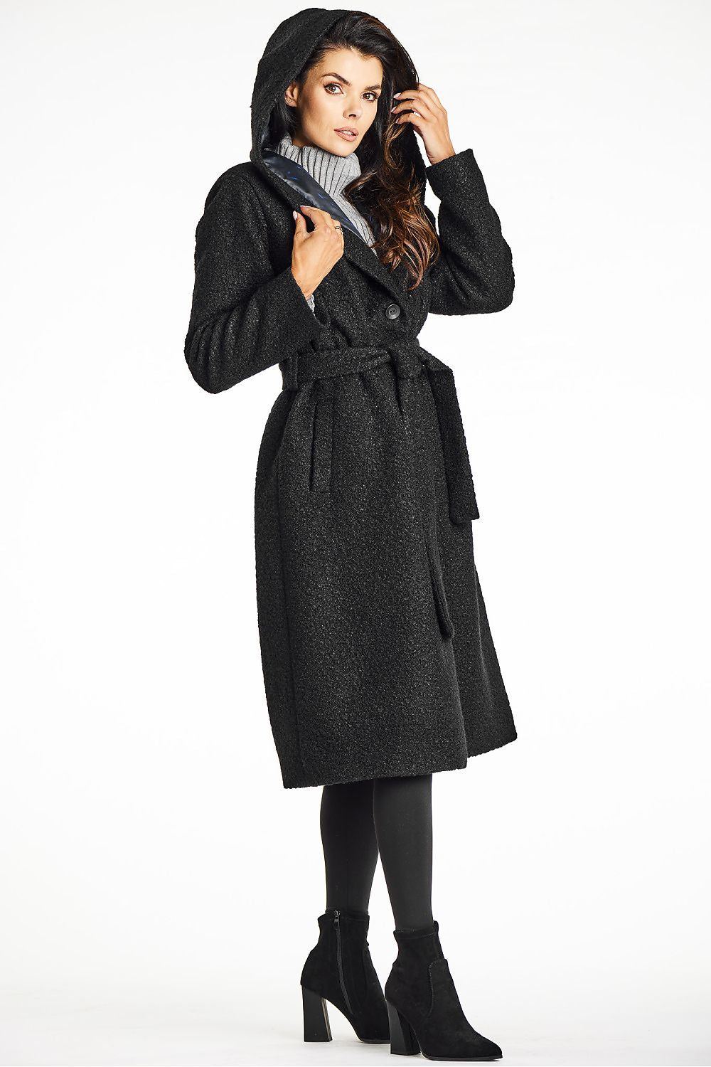 Elegant Green Bouclé Coat with Shawl Collar, Hood, and Waist Belt by Awama - Perfect for Autumn