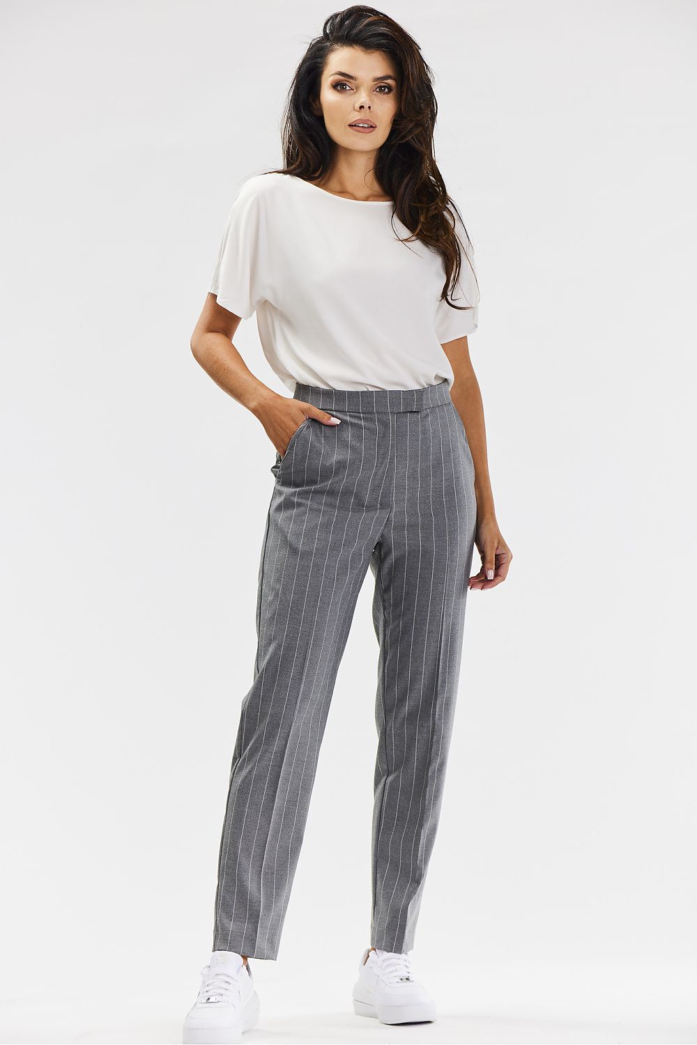 Elegant Gray Cigarette Pants with White Pinstripe for Women – Tailored Fit by Awama