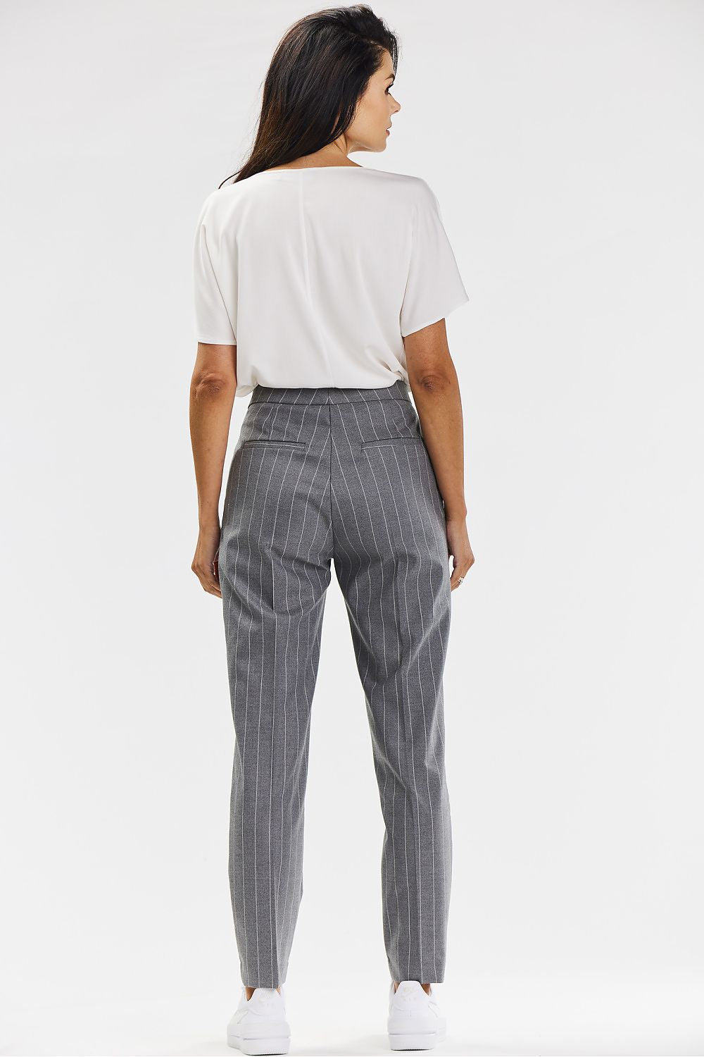 Elegant Gray Cigarette Pants with White Pinstripe for Women – Tailored Fit by Awama