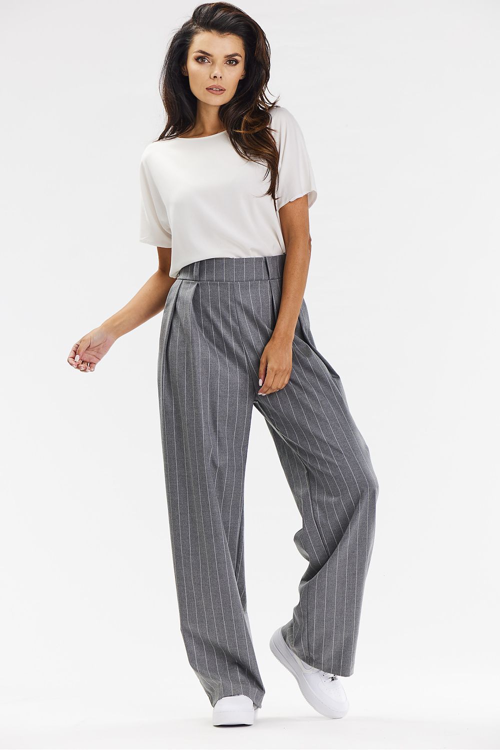 Elegant Wide-Leg Trousers For Women – Grey With White Stripe, Comfortable Viscose Fabric