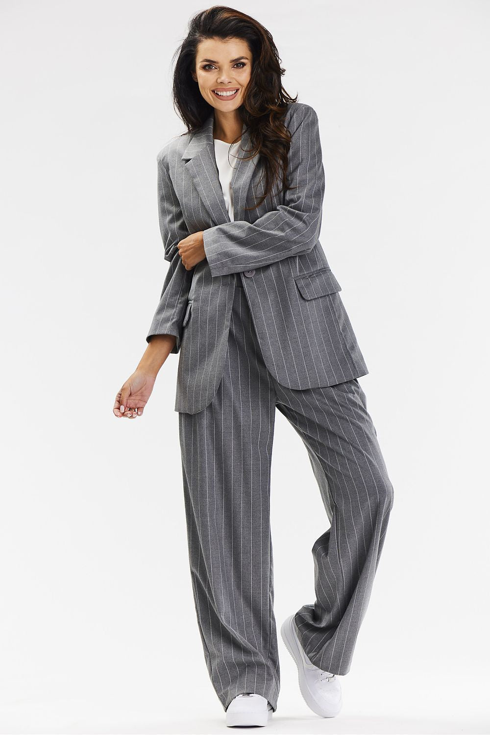 Elegant Wide-Leg Trousers For Women – Grey With White Stripe, Comfortable Viscose Fabric