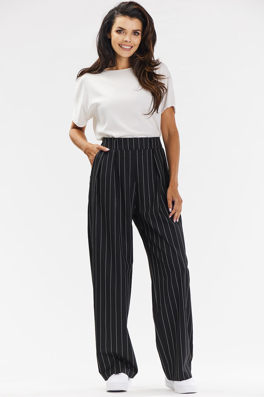 Elegant Wide-Leg Trousers For Women – Grey With White Stripe, Comfortable Viscose Fabric